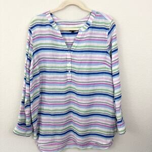 Talbots Womens Blouse Tunic Top Size L 100% Linen Stripes Roll Tab Pastel